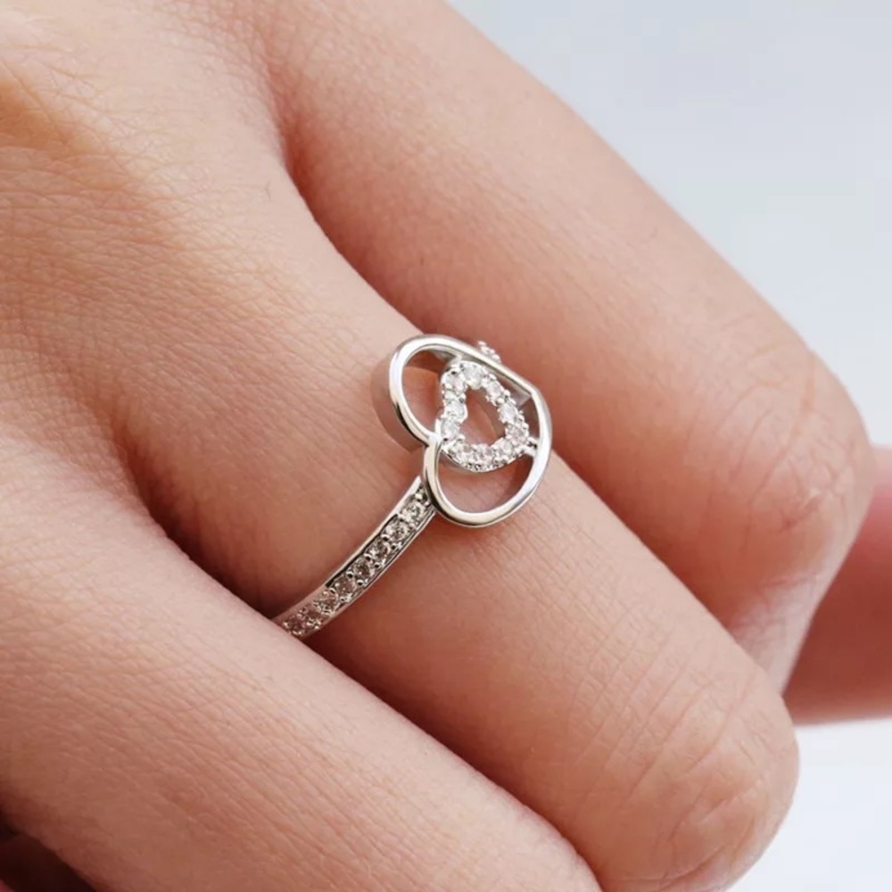 New 925 Silver Double Heart lovely Diamond Ring - Picture 5 of 5